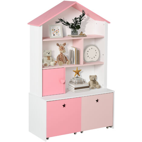Étagère Bibliothèque Rose avec 2 Tiroirs pour Chambre d'Enfants, 80 x 34 x 130 cm