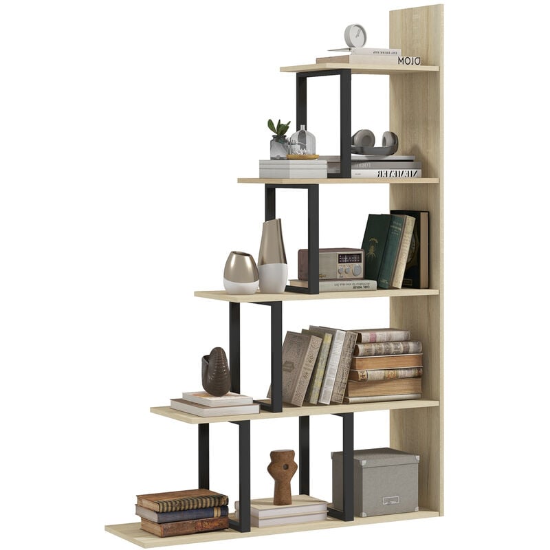 Homcom - tagère bibliothèque séparateur de pièce style industriel en escalier 5 étagères acier noir panneaux aspect bois chêne clair