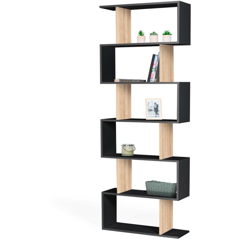 Etagère bibliothèque sofia forme s bois façon hêtre et noir 189 cm