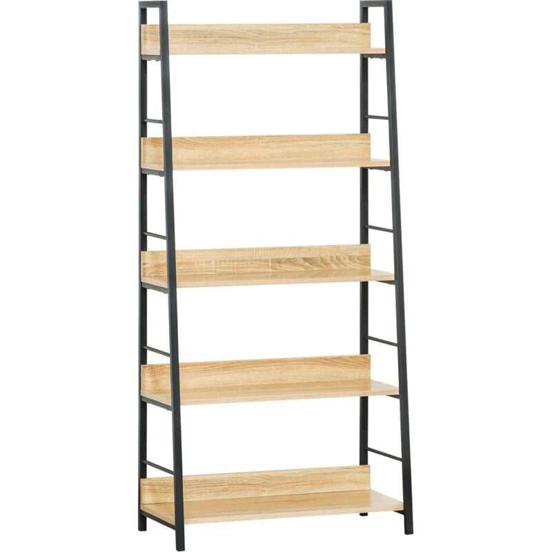 Étagère bibliothèque style industriel incliné 5 niveaux 70L x 35l x 150H cm coloris chêne clair noir