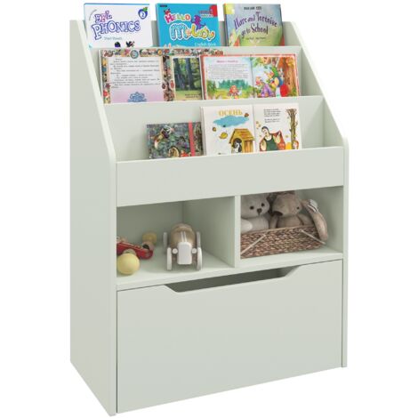 Étagère bois enfants 3 compartiments 2 cubes tiroir mobile 4 roues, 60x29,9x90 cm, vert