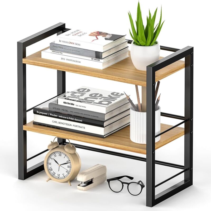 Étagère Bureau Double en Bois, Organiseur de Bureau Compact, Étagère de Rangement à Poser sur Bureau pour Livres et Fournitures