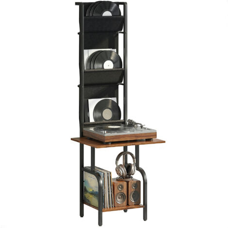 Étagère CD industrielle, rangement DVD avec 3 poches en tissu et plateau, aspect bois rustique marron