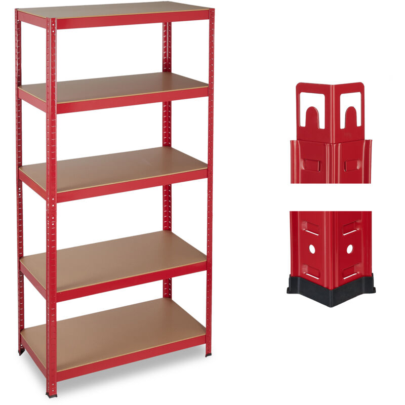 Lot de 2 étagère charge lourde, Meuble 5 niveaux, Cave charge 875 kg, garage, 180x90x45 cm, acier, mdf, rouge