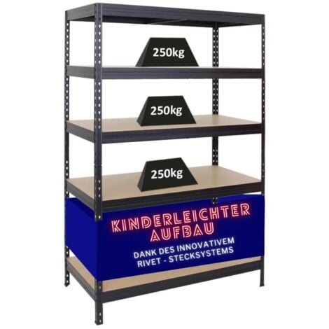 PROREGAL - PREISWERTE QUALITÄT 180x120x60cm 250kg par niveau Système d'emboîtement innovant Noir Étagère robuste de Garage, Atelier, Cave, sous-sol, Stockage, Rangement, Rayonnage