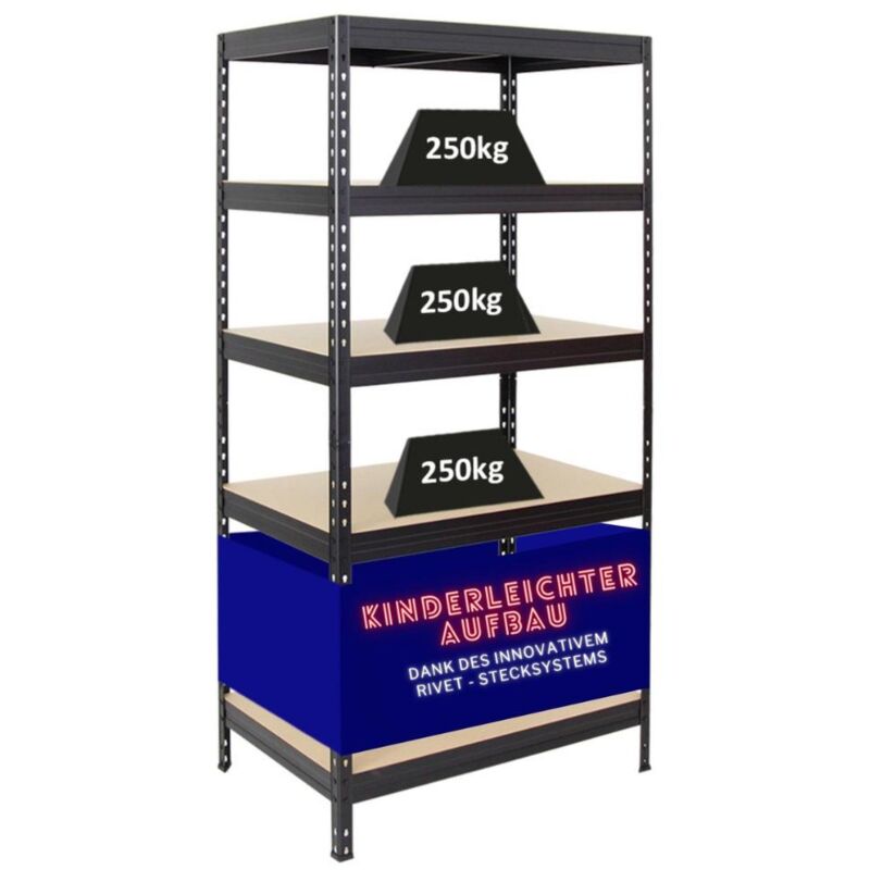 Proregal-preiswerte Qualität - tagère charge lourde rivet HxLxP 180x90x60cm 250kg par niveau Système d'emboîtement innovant Noir Étagère robuste de