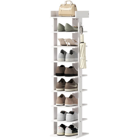 Étagère chaussure à 9 niveaux, range-chaussure jusqu'à 9 paires avec plateau supérieur, 2 crochets, 30x30x128,4cm, blanc
