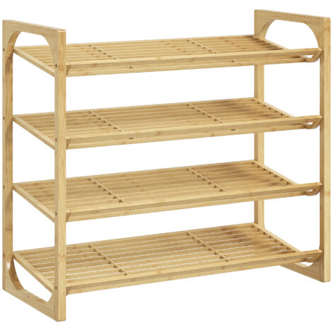 Étagère chaussures 4 niveaux lattes, 12 paires, bambou, 76x33x67 cm, bois naturel.