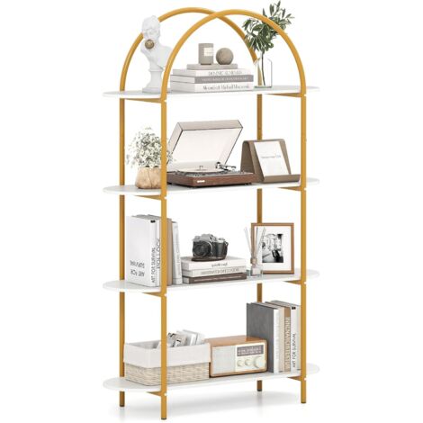 Étagère Cintrée, Bibliothèque Industrielle à 4 Niveaux avec Cadre Métallique, 95 x 34 x 156 cm pour Salon, Bureau, Chambre, Blanc