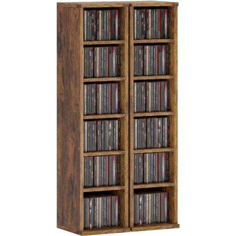 Étagère colonne 2 pièces, meuble de rangement CD DVD 12 casiers, capacité 204 disques, 21 x 22,5 x 88,5 cm, couleur marron, idéal bibliothèque multimedia