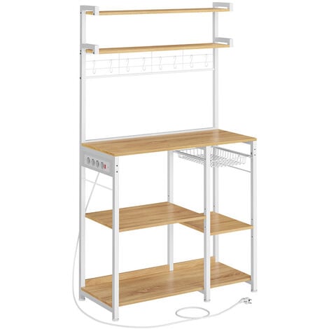 VASAGLE Étagère Cuisine avec Multiprise, Support pour Micro-ondes, Bar à Café, 4 Prises CA, Étagères Réglables, 8 Crochets en S, Panier, Porte-épices, Blanc