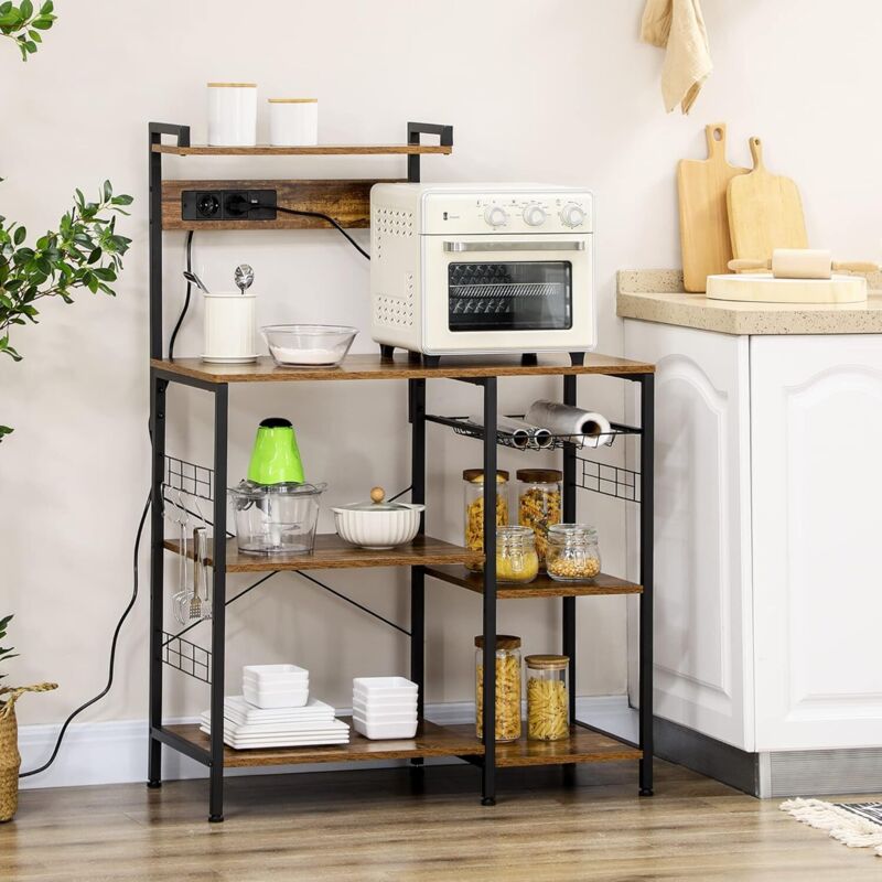 Étagere Cuisine Meuble Micro-Onde étagère Rangement Cuisine Style Industriel avec Prise de Courant, Chargeur USB, étagères, 5 Crochets et Panier en