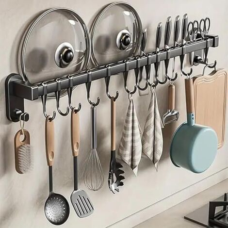 Étagère cuisine ventouses avec crochets, rangement mural barre cuisine