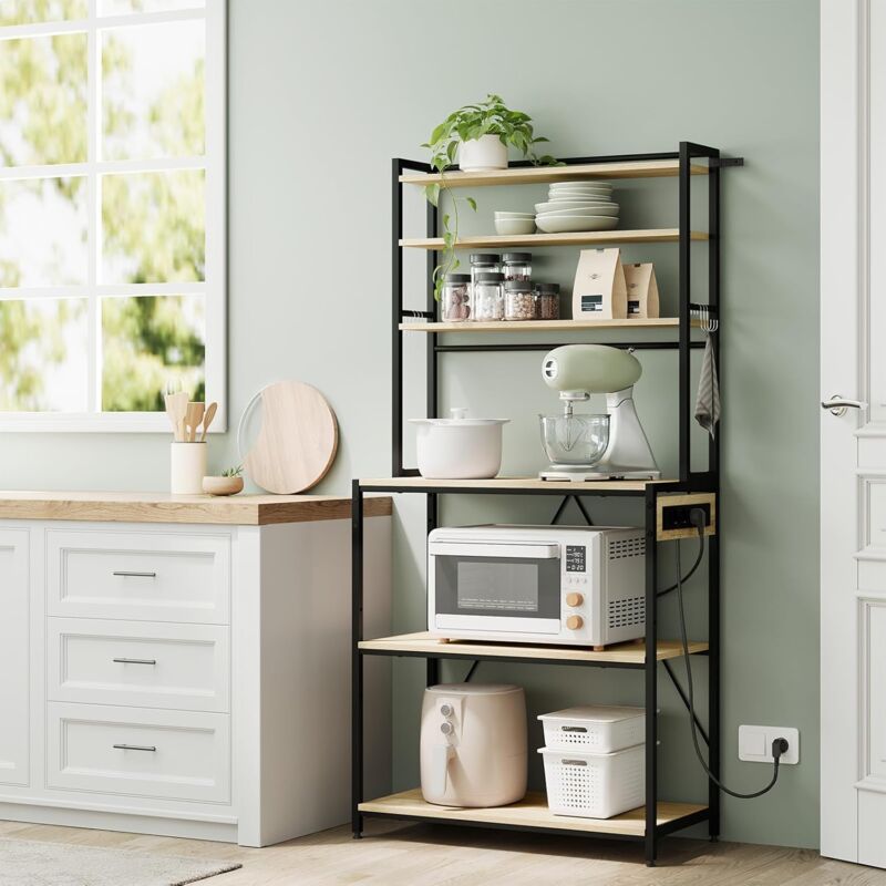 Étagère Cuisine WOLTU, avec Multiprise, 6 Crochets, Étagère Réglable, Support Micro-Ondes, Noir+Chêne Clair, 80x39,5x167cm