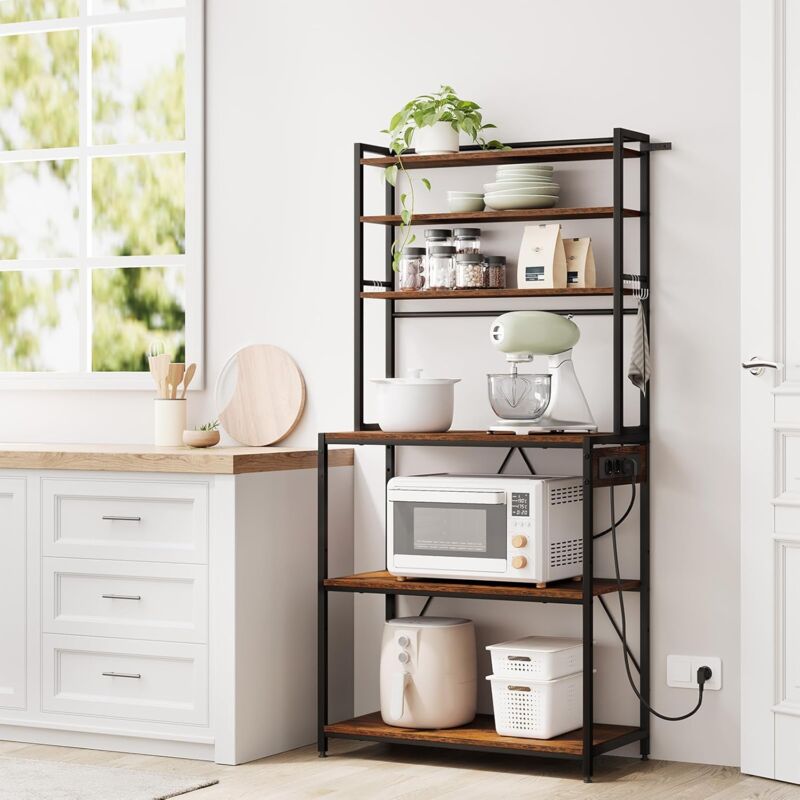 Étagère Cuisine WOLTU, avec Multiprise, 6 Crochets, Étagère Réglable, Support Micro-Ondes, Noir+Marron Rustique, 80x39,5x167cm