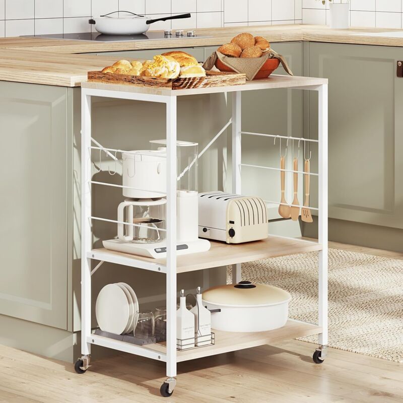 Tagère Cuisine Woltu Desserte à roulettes, Cadre en Métal, Bois d'Ingénierie, à 3 Niveaux, Blanc + Chêne Clair, 60x40x82,5cm