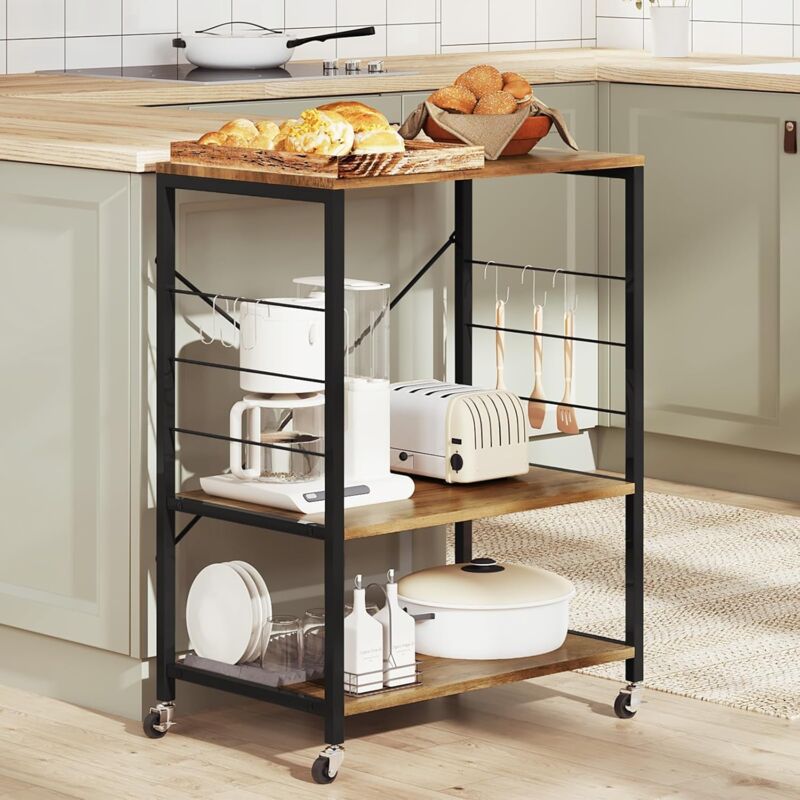 Tagère Cuisine Woltu Desserte à roulettes, Cadre en Métal, Bois d'Ingénierie, à 3 Niveaux, Marron Rustique+Noir, 60x40x82,5cm