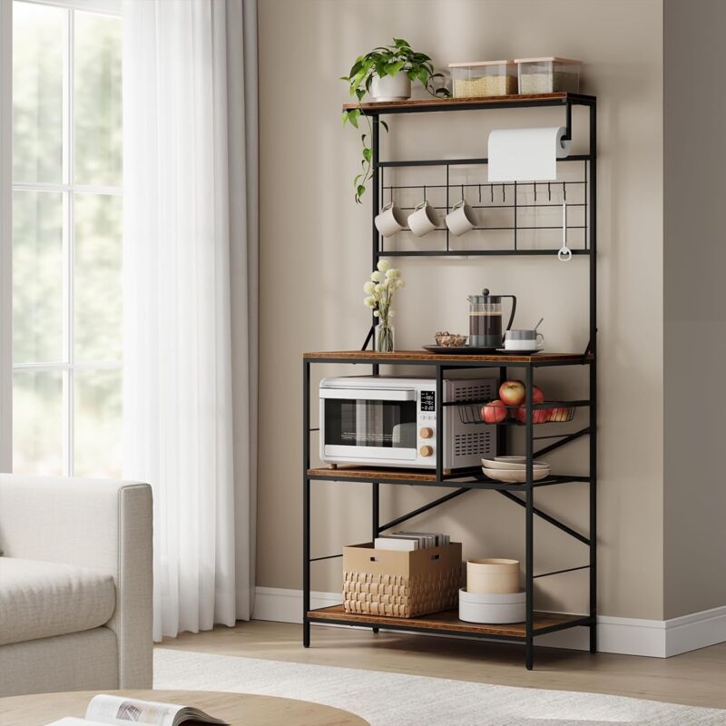 Tagère Cuisine Woltu tagère Micro-Ondes, à 4 Niveaux, Panier Amovible, avec 10 Crochets, Marron Rustique+Noir, 80x40x168cm