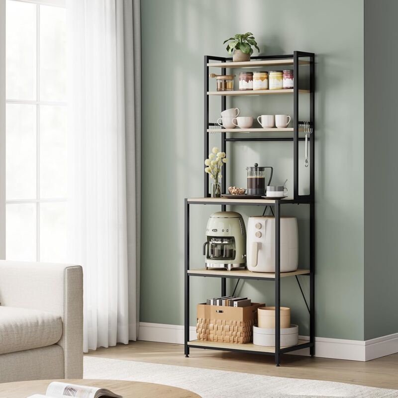 Étagère Cuisine WOLTU, Support Micro-Ondes, Bois d'Ingénierie, Cadre en Métal, 6 Étagères, Chêne Clair+Noir, 60x39,5x167cm