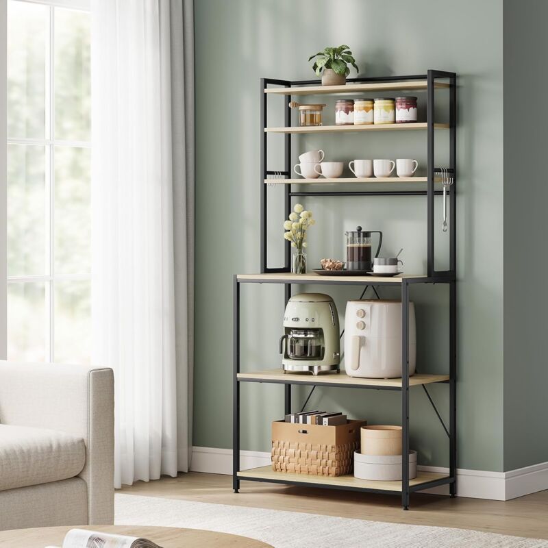 Tagère Cuisine Woltu Support Micro-Ondes, Bois d'Ingénierie, Cadre en Métal, 6 Étagères, Chêne Clair+Noir, 80x39,5x167cm