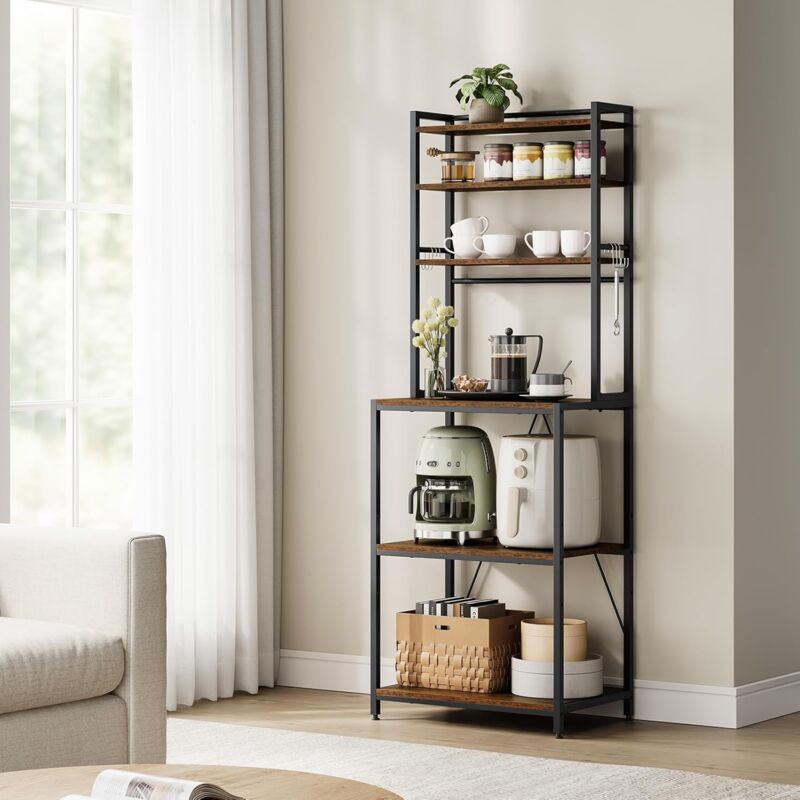 Tagère Cuisine Woltu Support Micro-Ondes, Bois d'Ingénierie, Cadre en Métal, 6 Étagères, Marron Rustique+Noir, 60x39,5x167cm