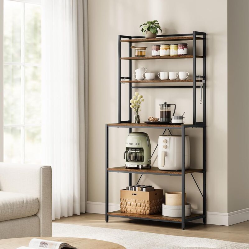 Tagère Cuisine Woltu Support Micro-Ondes, Bois d'Ingénierie, Cadre en Métal, 6 Étagères, Marron Rustique+Noir, 80x39,5x167cm