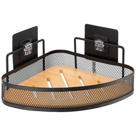 Etagere d angle metal  et plateau bambou sur cartes adhesives 3m - noir/bambou - Tendance