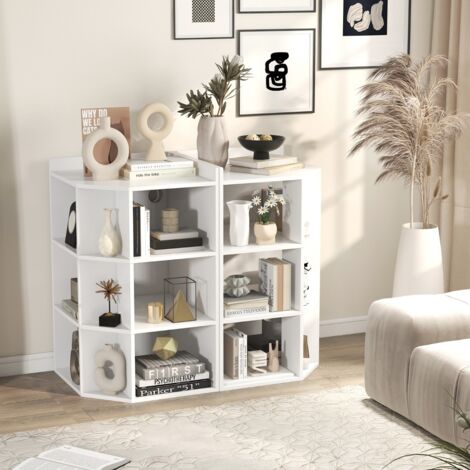 Étagère d'Angle 3 Niveaux avec Station de Charge Étagère Ouverte en Bois avec 9 Compartiments 2 Ports USB 4 Prises Rangement Cube Blanc
