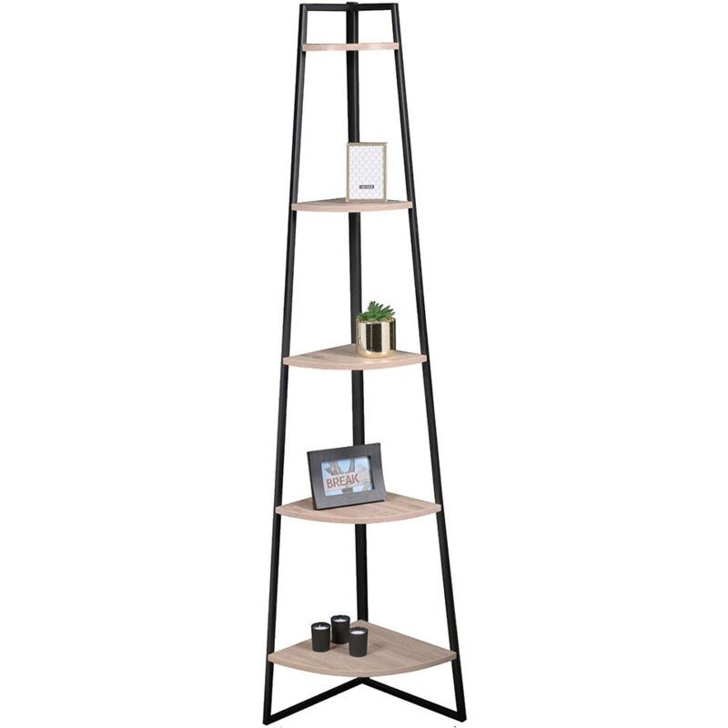 Tagère d'angle 5 niveaux collection holborn – Style industriel, coloris chêne et noir