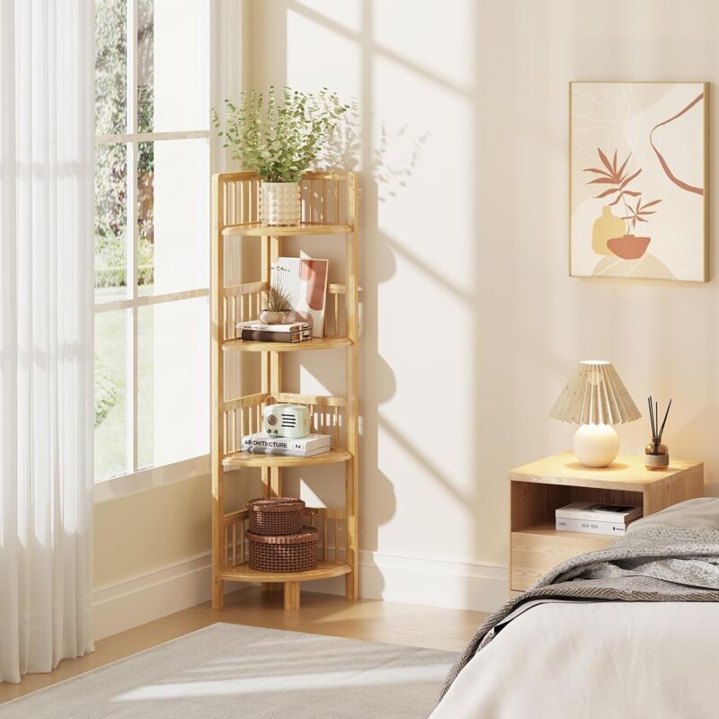 Yoleo - Etagère d'angle 4 niveaux en bambou,Étagère de Rangement pour Salon Salle de Bain Cuisine Balcon Couloir 104 x 30 x 30 cm - Naturel