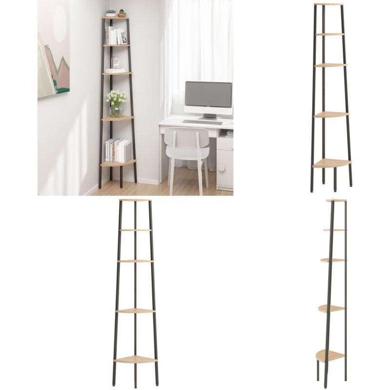 Tagère d'angle 5 niveaux Marron clair et noir 45,5x31,5x180 cm - Bibliothèque D'angle - Étagère D'angle - Meuble D'angle - Rangement Mural - Étagère