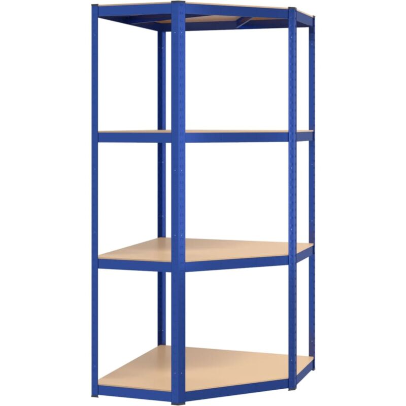 Tagère d'angle à 4 niveaux acier et bois d'ingénierie bleu