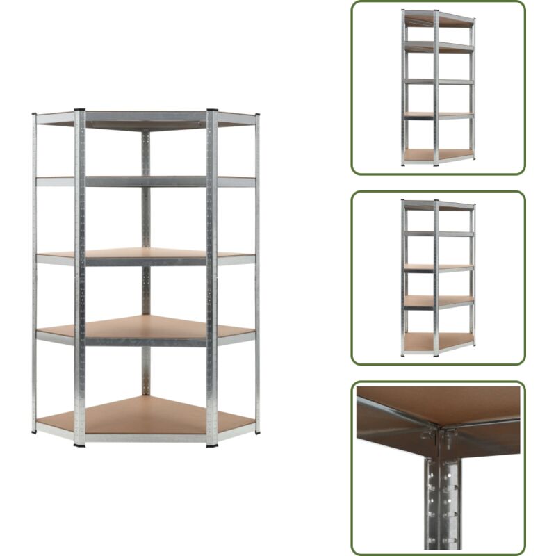 Tagère d'angle à 5 niveaux Argenté Acier et bois d'ingénierie - Étagère D'angle - Rangement - Meuble De Rangement - Étagère Industrielle - Étagère