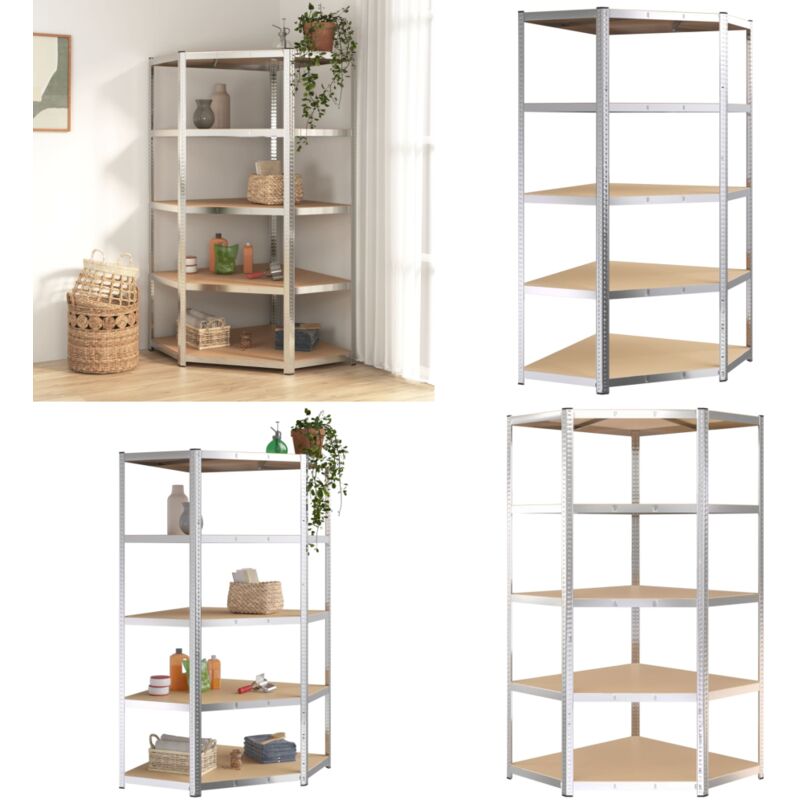 Tagère d'angle à 5 niveaux Argenté Acier et bois d'ingénierie - Etagere Industrielle - Rangement Mural - Étagère Métallique - Meuble De Rangement