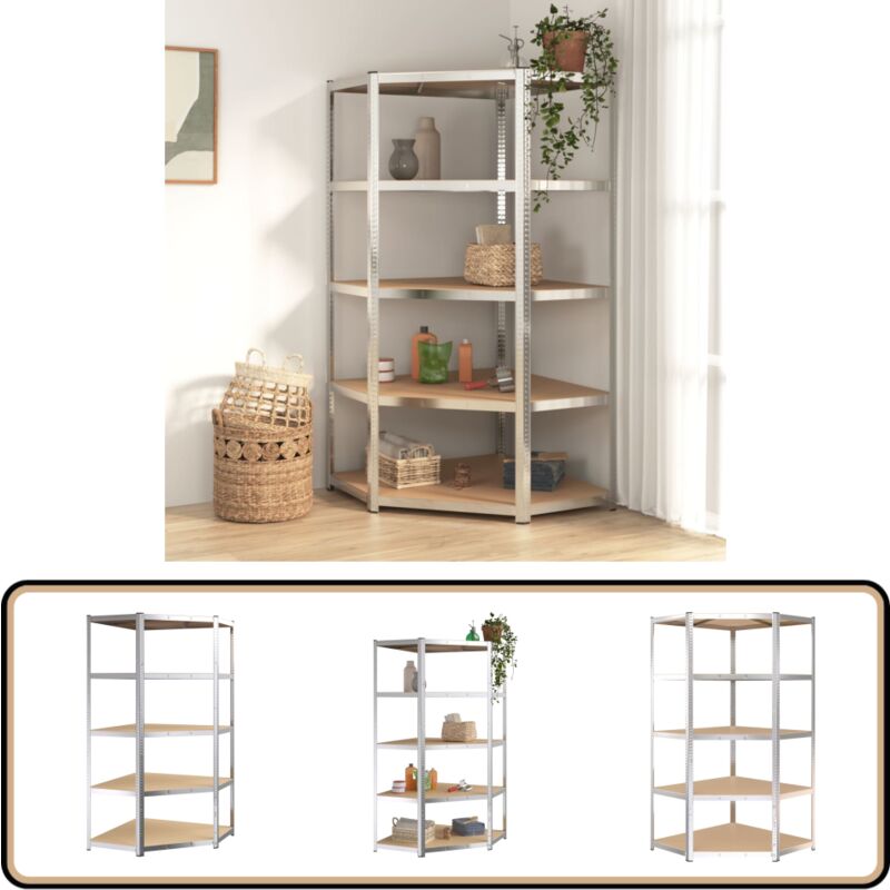 Tagère d'angle à 5 niveaux Argenté Acier et bois d'ingénierie - Etagere Industrielle - Rangement Mural - Étagère Métallique - Meuble De Rangement