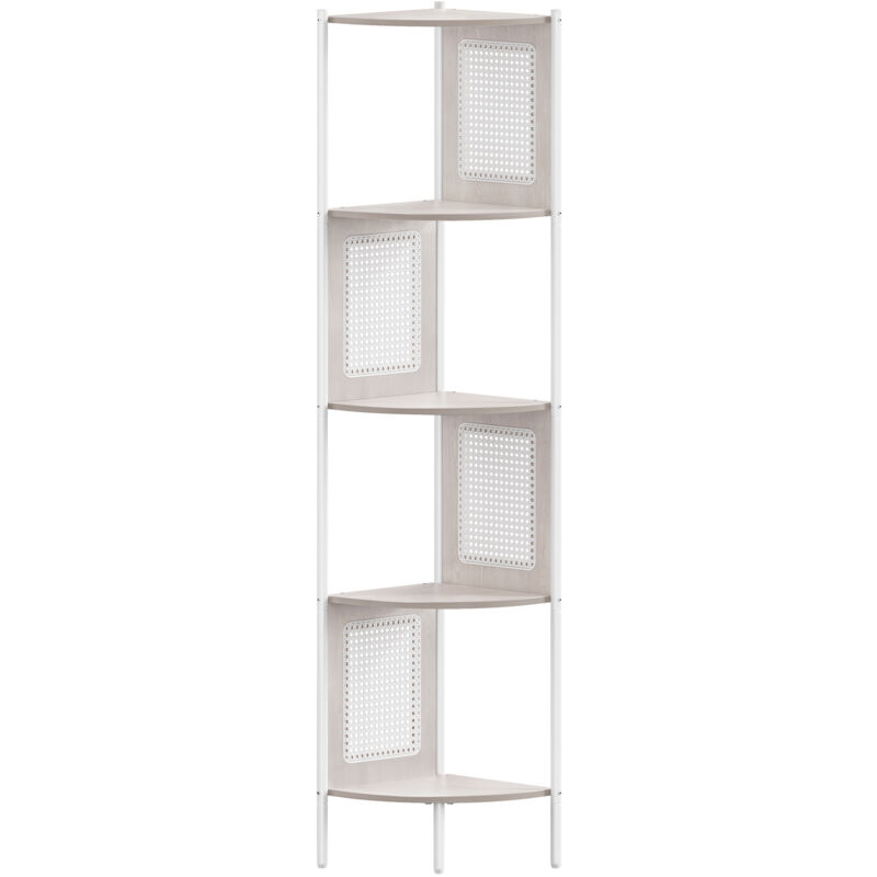 Tagère d'Angle à 5 Niveaux, Bibliothèque avec Côtés Effet Rotin, Structure en métal, pour Salon, Chambre, Bureau, Cuisine, 31,9 x 31,9 x 156,4 cm,