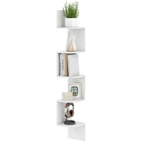 Étagère d'Angle à 5 Niveaux, Étagère Murale Flottante, Design Moderne & Gain de Place pour Salon, Chambre et Cuisine, 20 x 20 x 126 cm, Blanc