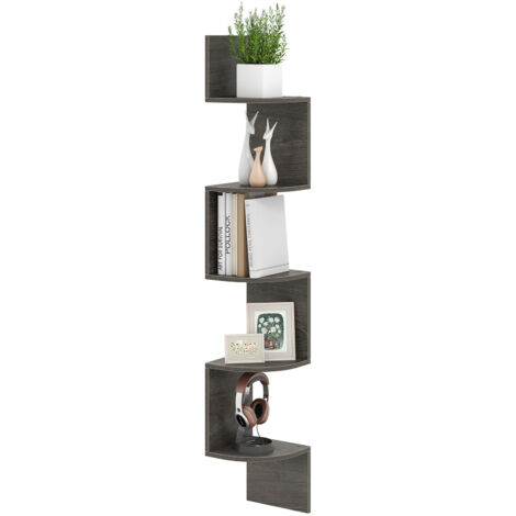 Étagère d'Angle à 5 Niveaux, Étagère Murale Flottante, Design Moderne & Gain de Place pour Salon, Chambre et Cuisine, 20 x 20 x 126 cm, Gris