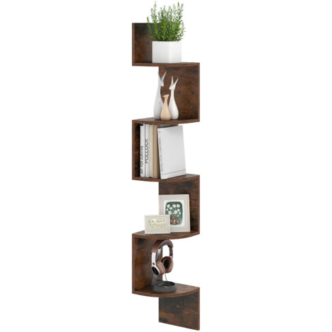 Étagère d'Angle à 5 Niveaux, Étagère Murale Flottante, Design Moderne & Gain de Place pour Salon, Chambre et Cuisine, 20 x 20 x 126 cm, Marron