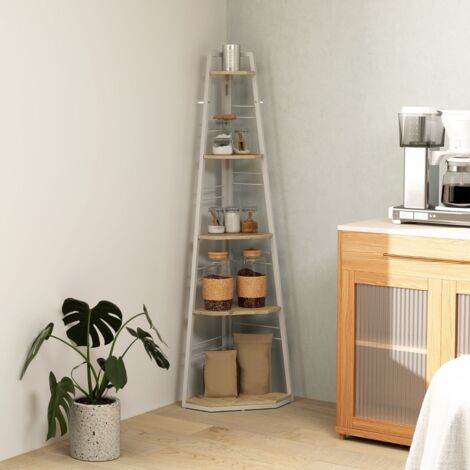 Étagère d'angle à 5 niveaux finition bois naturel, meuble gain de place multifonction, structure stable design épuré, idéale salon, chambre et bureau