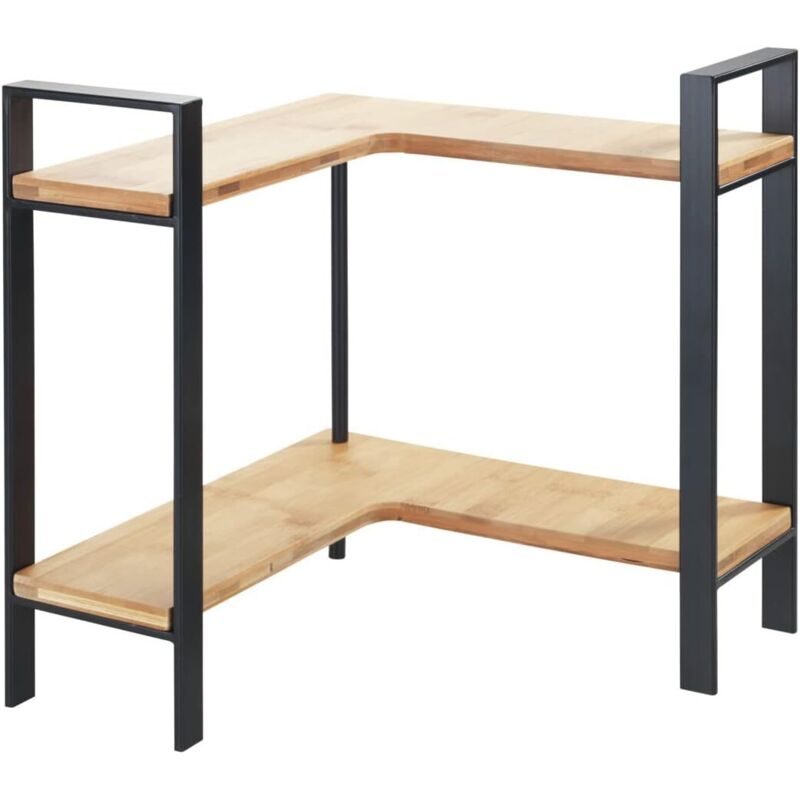 Étagère d'angle de Cuisine à Poser pour Plan de Travail Métal avec Planches en Bambou 2 étages Gain de Place 30 x 33 x 30 cm Noir/Bambou