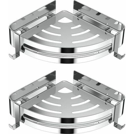 étagère d'angle de Douche, Etagere Salle de Bain sans Percage 304 Acier Inoxydable Panier de Rangement de Cuisine Organisation de Douche avec 4 Crochets, Porte Shampoing Douche - 2 Pièces (Argent)