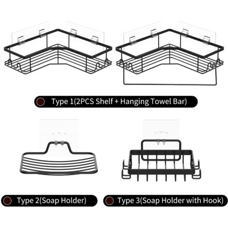Étagère d'angle de salle de bain, 2 pièces, sans perçage, support de rangement mural, armoires avec porte-serviettes, baignoire, douche, panier organisateur
