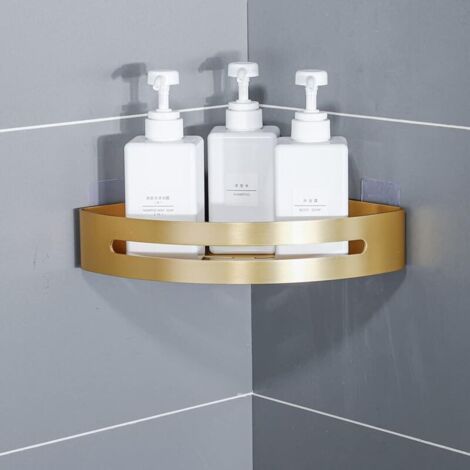 Étagère d'angle de salle de bain en forme de triangle doré brossé avec adhésif ou perçage