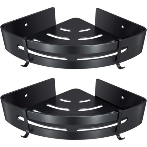 Etagère d'angle de Salle de Bain, Etagère de Douche sans Perçage Aluminium Adhésifs Panier de Rangement Douche pour Shampoing Savon Serviette, avec Crochets (Triangle, Noir, 2 Pièces)