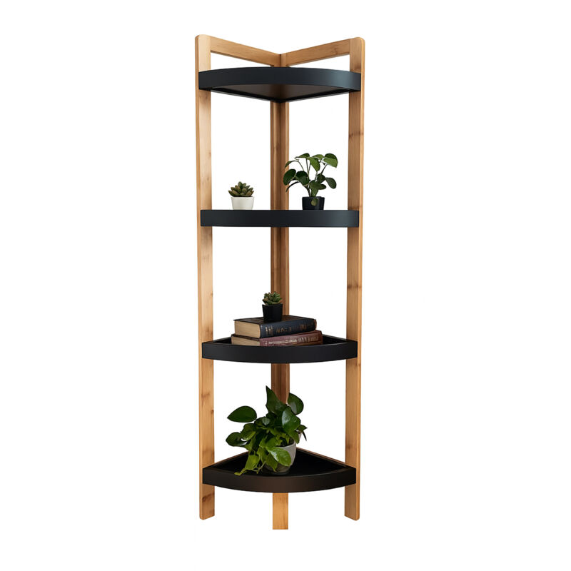 Étagère d'angle Relaxdays en bambou, 4 étagères, H x L x P : 105,5 x 23 x 23 cm, gain de place, nature/noir