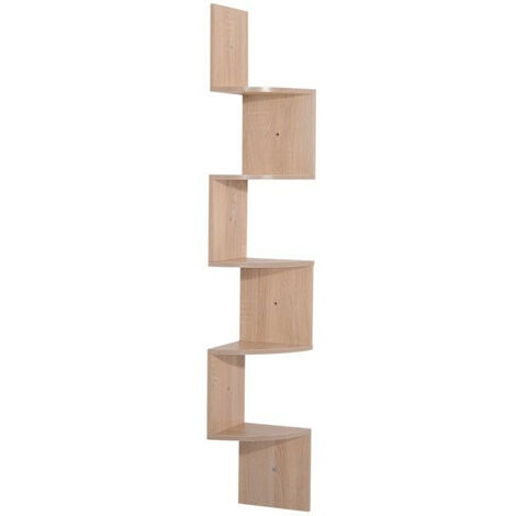 Étagère d'angle en panneaux de particules E1 – 5 niveaux de rangement – Charge maximale 15 kg – Dimensions 20L x 20l x 126H cm – Coloris chêne clair – MH
