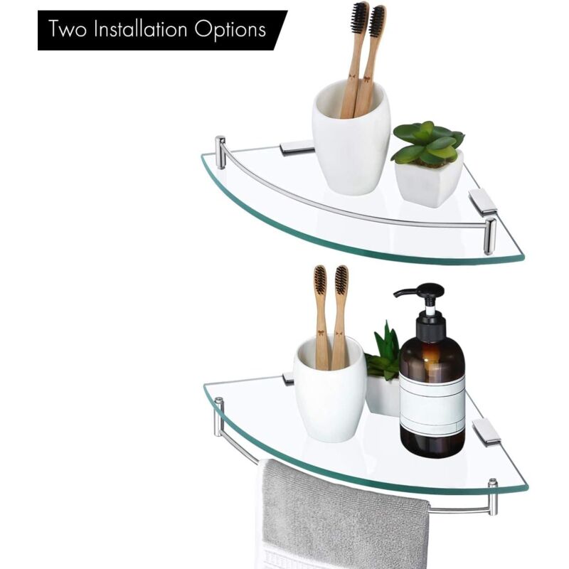Étagère d'angle en Verre Étagère Salle de Bain Douche Tablette Murale Étagère en Verre Trempé avec Porte Serviette 2 Pièces Acier Inoxydable Poli
