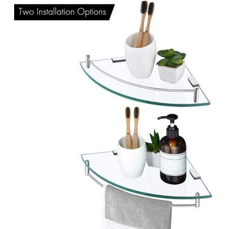 Étagère d'angle en Verre Étagère Salle de Bain Douche Tablette Murale Étagère en Verre Trempé avec Porte Serviette 2 Pièces Acier Inoxydable Poli