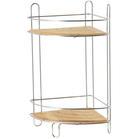 Etagere d'angle fil metal/bambou 2 niveaux - chrome/bambou - Tendance